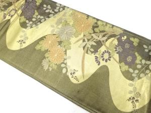 流水に菊・萩模様織り出し　袋帯